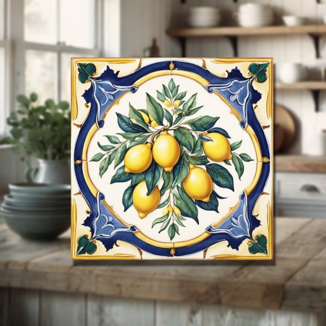 Italienska keramiska Lemon Tile Blue Majolica Kakelplatta (Skapare uppladdad)