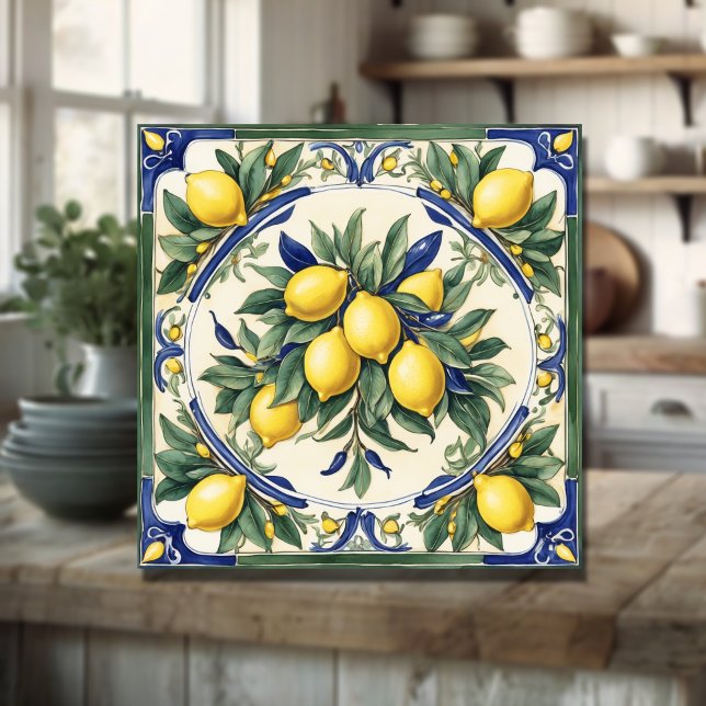 Italienska keramiska Lemon Tile Blue Majolica Kakelplatta (Skapare uppladdad)