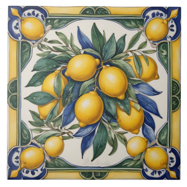 Italienska keramiska Lemon Tile Blue Majolica Kakelplatta (Framsidan)