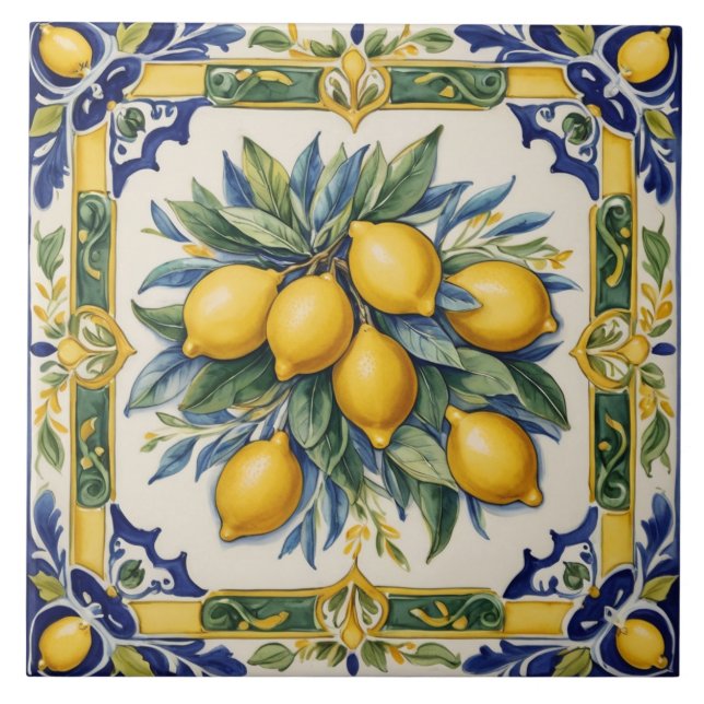 Italienska keramiska Lemon Tile Blue Majolica Kakelplatta (Framsidan)