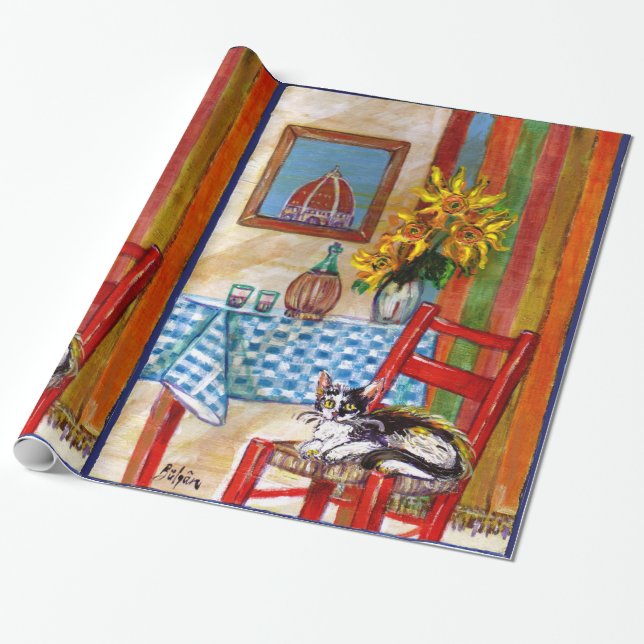 ITALIENSKA KITCHEN I FLORENCE, SUNFLOWERS OCH CAT PRESENTPAPPER (Utrullad)