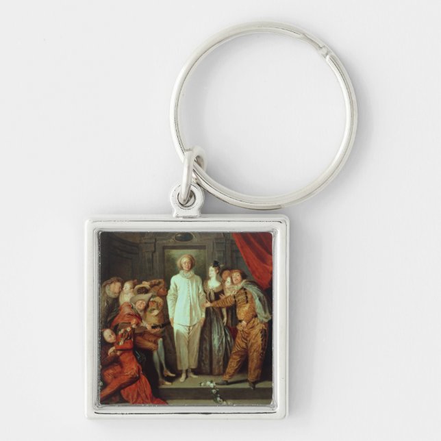 Italienska komiker, c.1720 fyrkantig silverfärgad nyckelring (Framsidan)