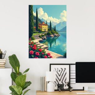 Italienska Lake Como Villa Landskaps Art Poster