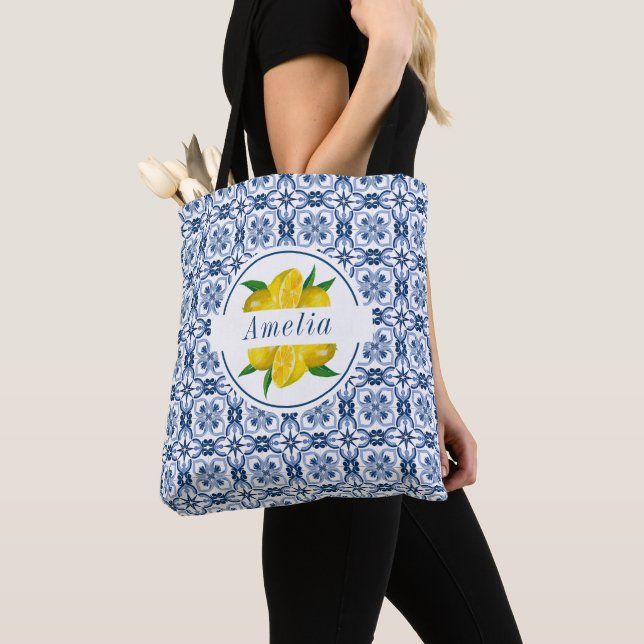 Italienska ledamoten Blå Tile Lemon Wedding Favor Tygkasse (Närbild)
