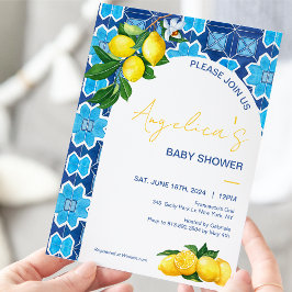 Italienska Lemon Baby Shower | Blå mojolica-platto Inbjudningar
