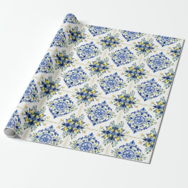 Italienska Lemon Blommigt Tile Blue and White Deco Presentpapper