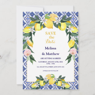 Italienska Lemon Blue Tiles Bröllop Spara Datumet