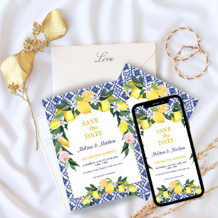 Italienska Lemon Blue Tiles Bröllop Spara Datumet