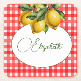 Italienska Lemon Botaniska Röda vita Mönster Underlägg Papper Kvadrat