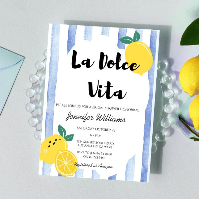 Italienska Lemon Möhippa Blue Dolce Vita Doodle Inbjudningar (Italian Lemon Bridal Shower Blue Dolce Vita Doodle Invitation)