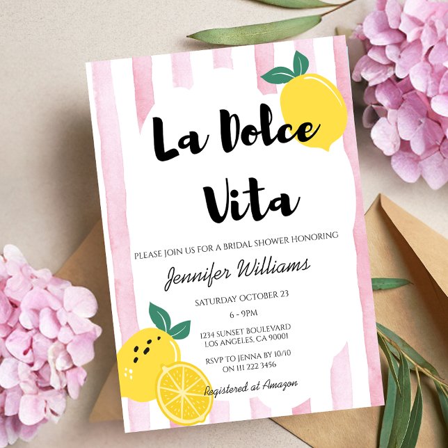 Italienska Lemon Möhippa Rosa Dolce Vita Doodle Inbjudningar (Italian Lemon Bridal Shower Pink Dolce Vita Doodle Invitation)