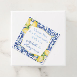 Italienska Lemons Blue Tile Bröllop Monogram Gåvor Etiketter