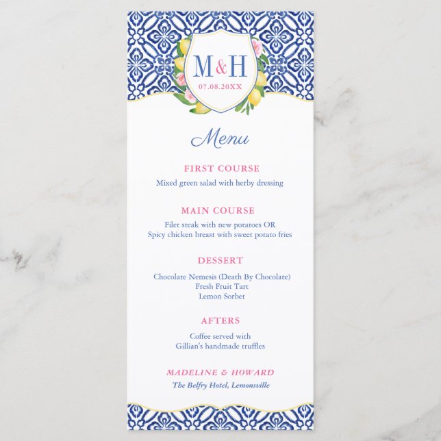 Italienska Lemons Blue Tile Monogram Bröllop Meny (Framsida)