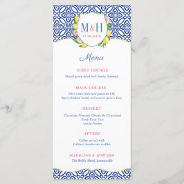 Italienska Lemons Blue Tile Monogram Bröllop Meny