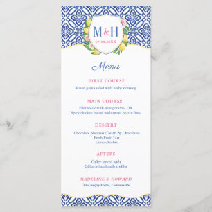 Italienska Lemons Blue Tile Monogram Bröllop Meny