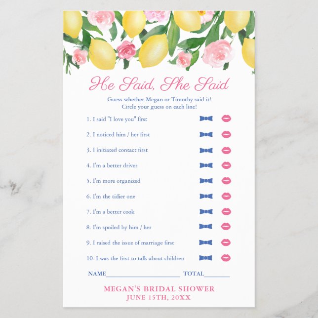 Italienska Lemons sa att hon sa Möhippa Game Flygblad (Framsidan)