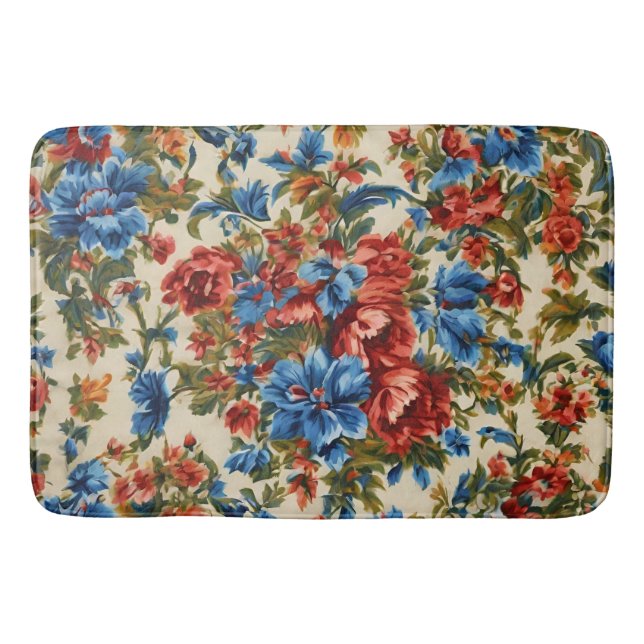 Italienska Lush Red och Blåa blommor med Lush Löv Badrumsmatta (Framsidan)