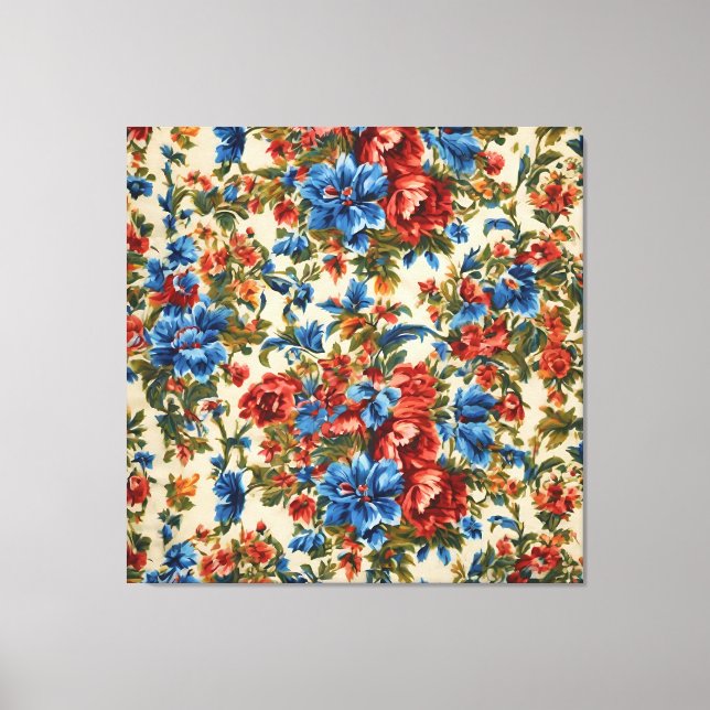 Italienska Lush Red och Blåa blommor med Lush Löv Canvastryck (Framsida)