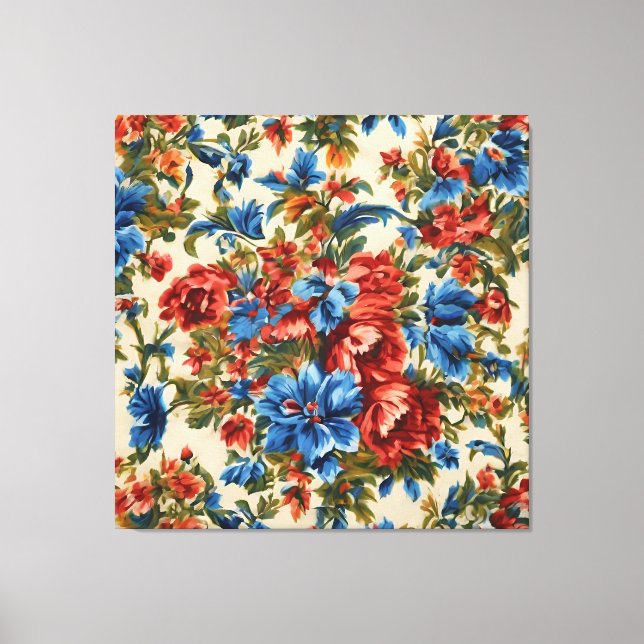 Italienska Lush Red och Blåa blommor med Lush Löv Canvastryck (Framsida)