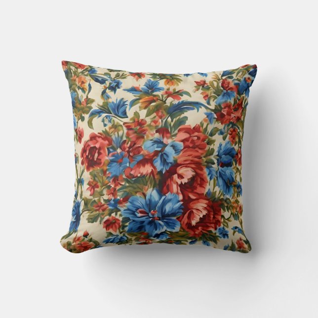 Italienska Lush Red och Blåa blommor med Lush Löv Kudde (Framsida)