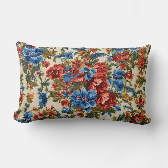 Italienska Lush Red och Blåa blommor med Lush Löv Lumbarkudde (Framsida)