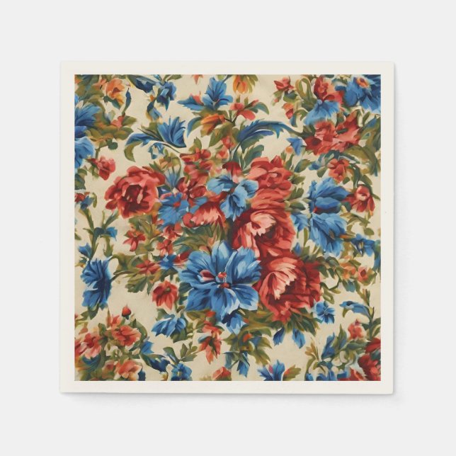 Italienska Lush Red och Blåa blommor med Lush Löv Pappersservett (Framsidan)