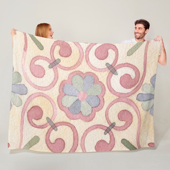 Italienska Majolica Rosa Blommigt Watercolor Fleecefilt (På plats)
