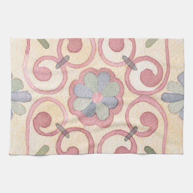 Italienska Majolica Rosa Blommigt Watercolor Kökshandduk (Horisontell)