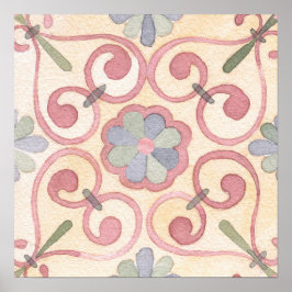 Italienska Majolica Rosa Blommigt Watercolor Poster