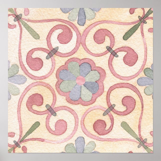Italienska Majolica Rosa Blommigt Watercolor Poster (Framsidan)