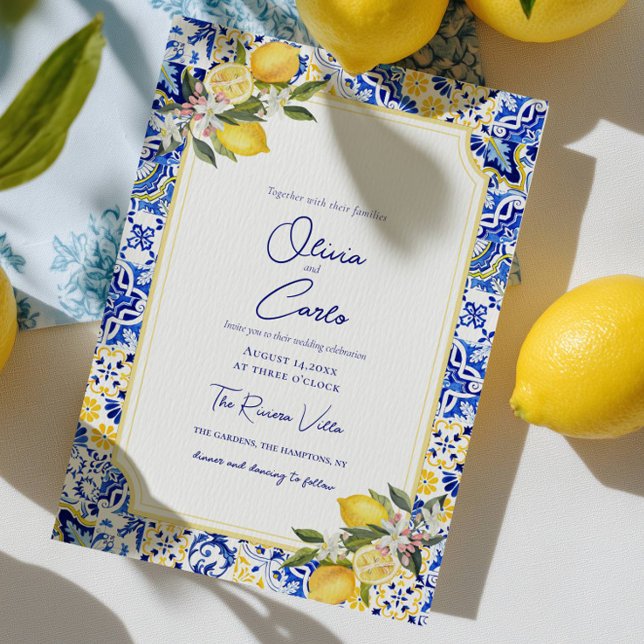 Italienska Medelhavsbrickan och Lemon Bröllop Julkort (Italian Mediterranean Tile & Lemon Wedding Holiday Card)