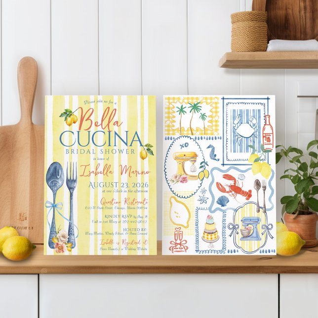 Italienska Möhippan Lemon Blue Bella Cucina Inbjudningar (Italian lemon yellow coastal chic blue and coral Bella Cucina fork spoon kitchen bridal shower)
