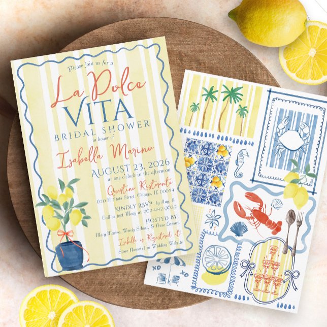 Italienska Möhippan Lemon Blue La Dolce Vita Inbjudningar (Vintage Italian La Dolce Vita lemons bows coastal chic seaside mediterranean tiles bridal shower)