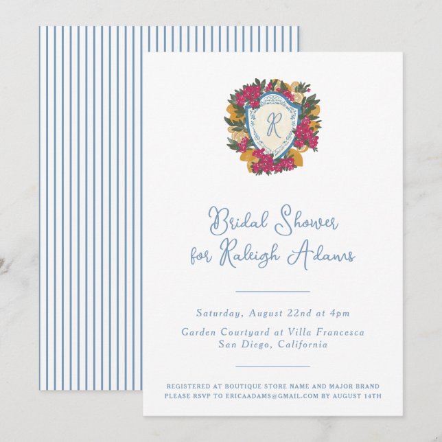 Italienska Möhippan Lemon & Bougainvillea Vapenskö Inbjudningar (Fram/baksida)