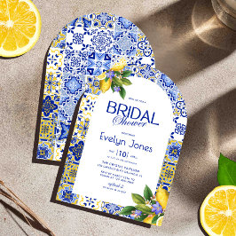 Italienska Möhippan Mosaic Blue Tile Lemons Arch Inbjudningar