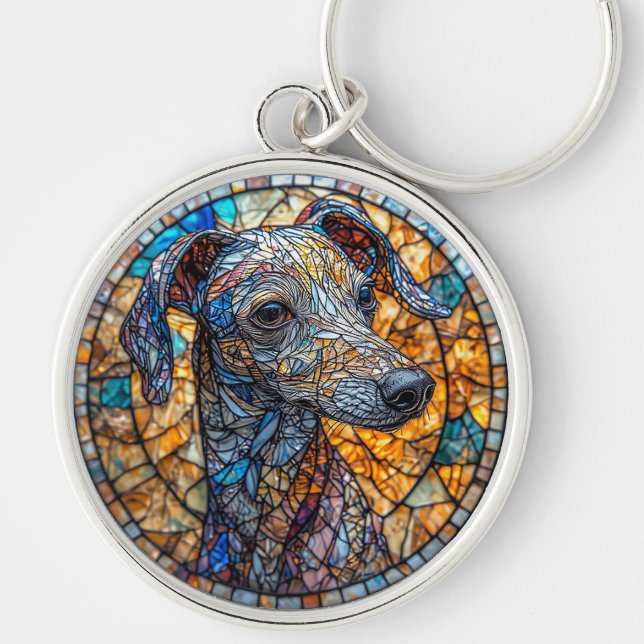 Italienska nedfläckaden Greyhound hund glass art Rund Silverfärgad Nyckelring (Framsidan)