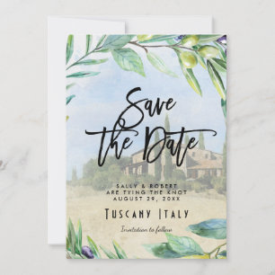 Italienska oliver Tuscany bröllop save the date-ko Tack Kort
