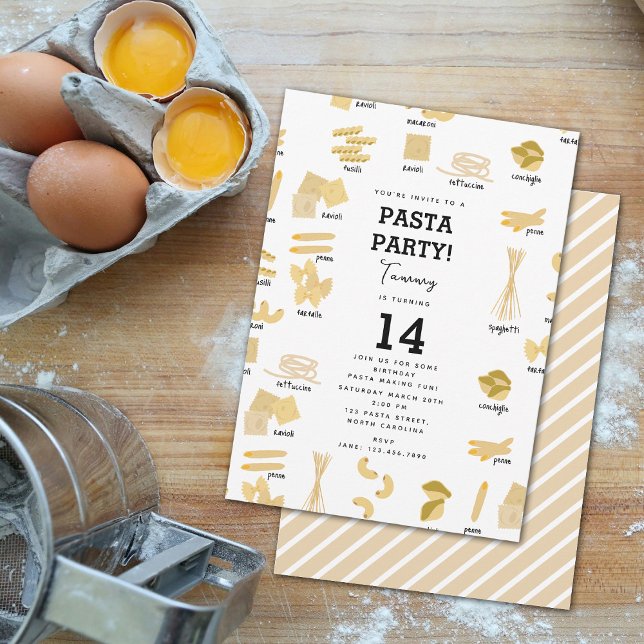 Italienska pasta Shapes & Namn Pasta Skapar födels Inbjudningar (Italian Pasta Shapes & Names Pasta Making Birthday Invitation)