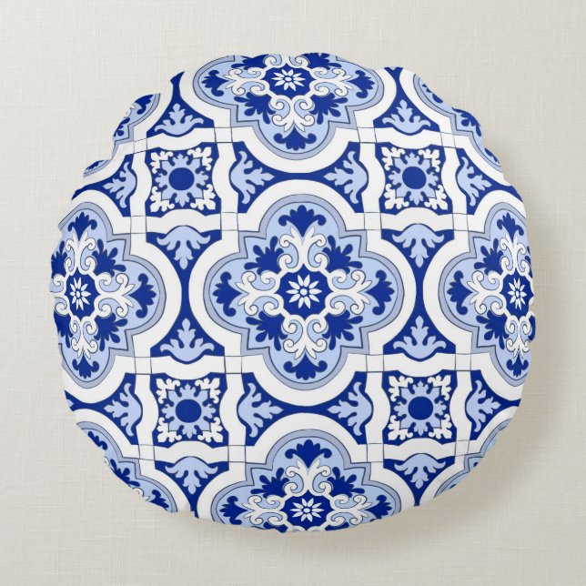 Italienska plattor,majolica,blue och white mönster rund kudde (Framsidan)