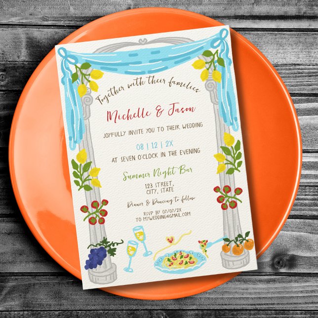 Italienska Retro Whimsical Roligt Hand plockade Le Inbjudningar (cute whimsical quirky italian wedding)