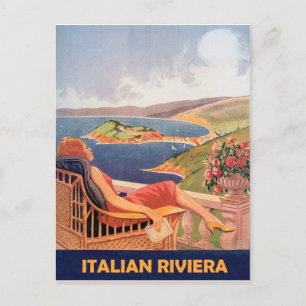 Italienska rivieran, kvinna på hotellterrass, vint vykort