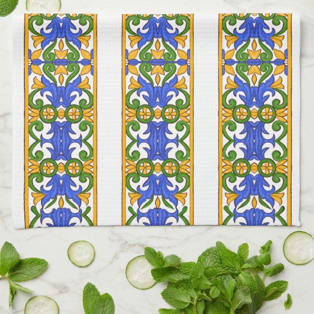 Italienska,sicilianska konst,majolica mönster   kökshandduk (Vikta)