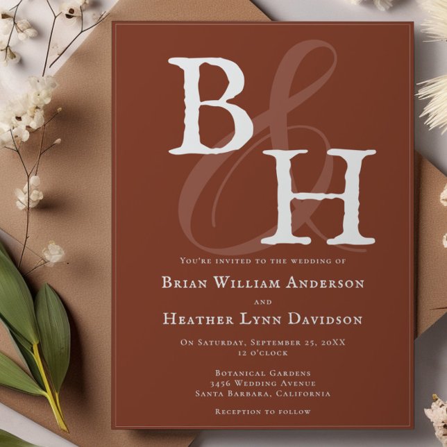 Italienska solnedgångsvarven Orange Minimalist Mon Inbjudningar (Italian Sunset Orange Minimalist Monogram Wedding Invitation)