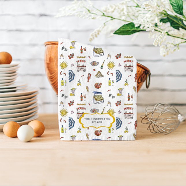 Italienska sommardoodle Monogram Tea Towel Kökshandduk (Skapare uppladdad)