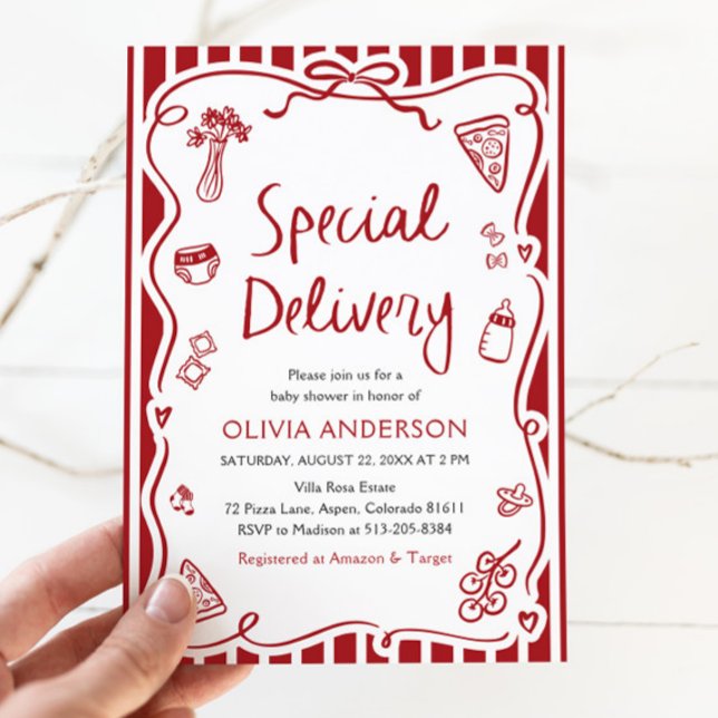 Italienska Speciella babyskor för Whimsical Delive Inbjudningar (Watercolor Italian Special Delivery Whimsical Baby Shower Invitation)