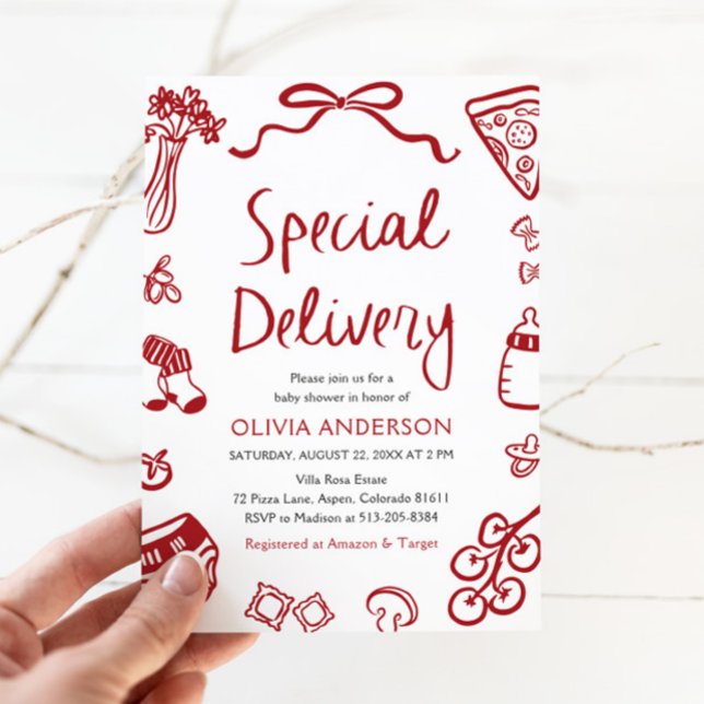 Italienska Speciella babyskor för Whimsical Delive Inbjudningar (Watercolor Italian Special Delivery Whimsical Baby Shower Invitation)