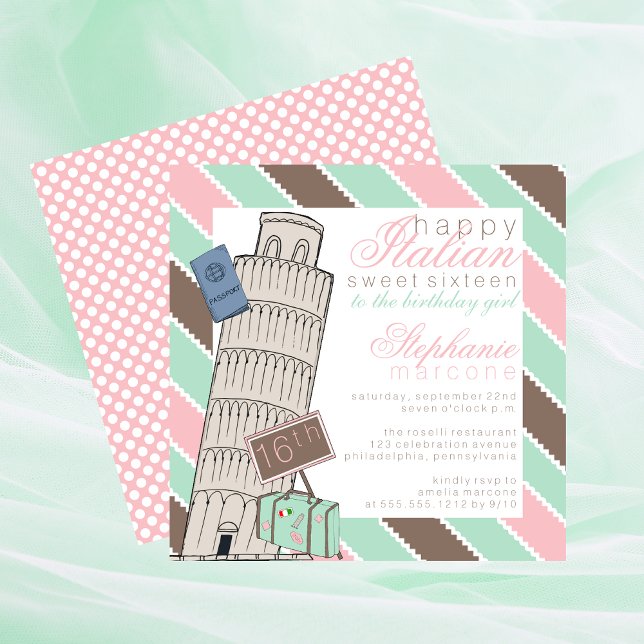 Italienska Spumoni Leaning Torn Sweet 16 Birthday Inbjudningar (Italian Spumoni Leaning Tower of Pisa Sweet 16 Travel Destination Birthday Invitation)