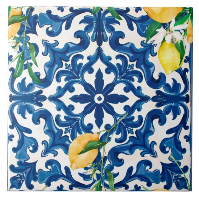 Italienska stil,Medelhavet,mosaik,blått Kakelplatta (Framsidan)