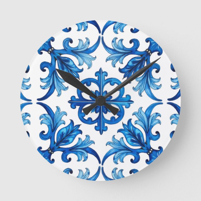 Italienska stil,Medelhavet,mosaik,blått Rund Klocka (Framsida)