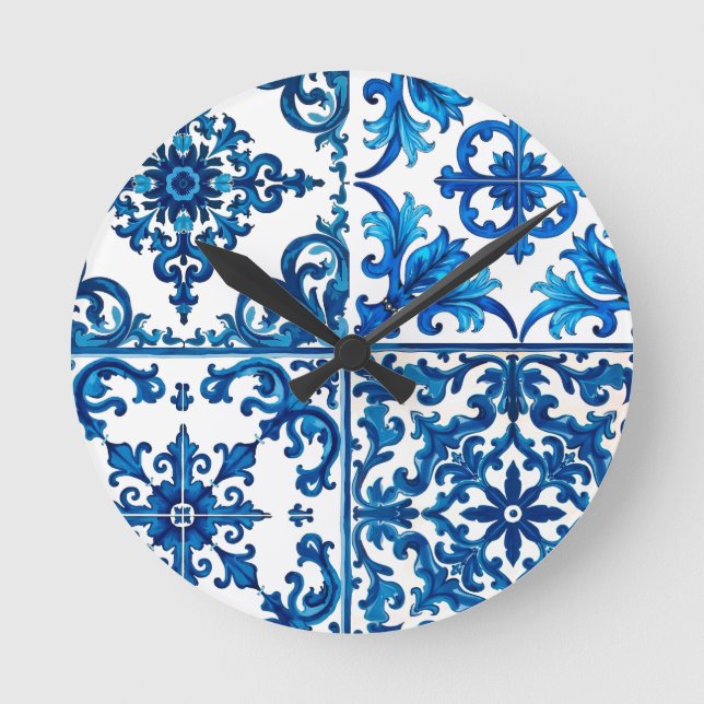 Italienska stil,Medelhavet,mosaik,blått Rund Klocka (Framsida)